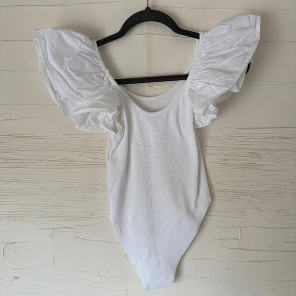Zara S | White Ribbed Bodysuit with Double Ruffle Sleeves - Picture 2 of 6